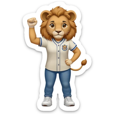 friendly anthropomorphised female lion wearing a baseball shirt, jeans, trainers, standing upright with one fist raised, looking determined and confident sticker