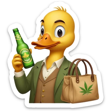 Drunk and high duck animal holding beed bottle and a bag of weed sticker