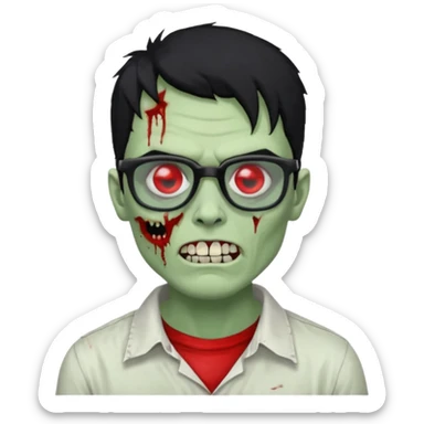 homem zumbi de óculos cabelo preto com muita olheira deixar pele dele verde dentes brancos e olhos vermelhos e ensanguentados deixar óculos quadrado e preto e olhos cheio de veias vermelhas e encher o rosto de piercings sticker