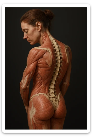 CORPO UMANO ANATOMICO di una donna di profilo con spalle chiuse e postura incurvata, spina dorsale in evidenza, IPERREALISTICO 4K sticker