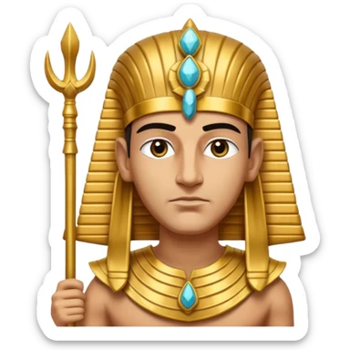 A regal pharaoh with golden headdress, calm stern eyes, and holding a crook and flail with authority.
 sticker