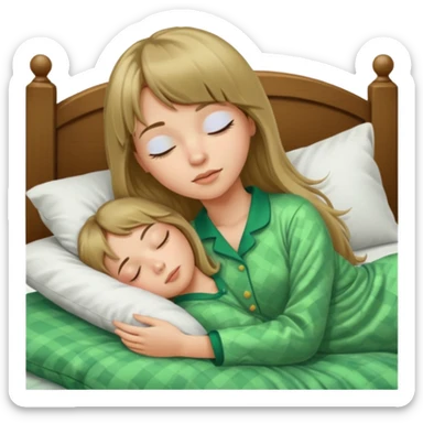 Young woman with long dark blond hair and a bang sleeping in bed  with green pyjama sticker