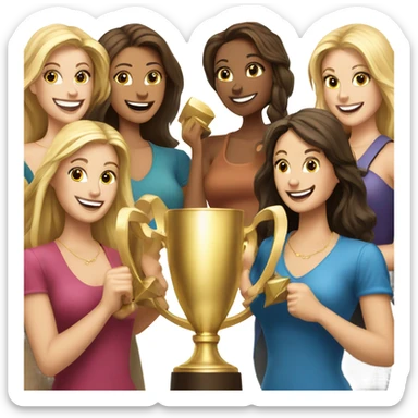 Eight beautiful blonde and brunette women celebrating with a huge gold trophy sticker