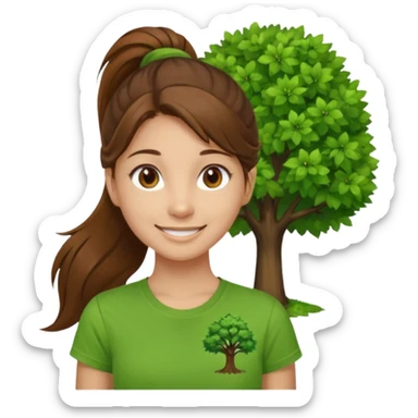 Make a zumba coach emoji, brown eyes, brown hair girl, long ponytail,green t shirt with a tree logo on It sticker