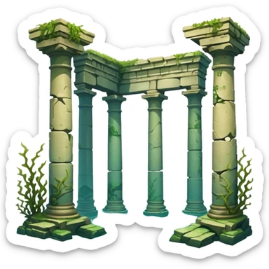 Simple Atlantis underwater ruins, fallen columns, broken domes, ancient stone structures, minimal details sticker