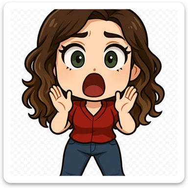 chibi emote of the woman from the reference images, wearing a red blouse and jeans, surprised/shocked, no headband, no wand, transparent background sticker