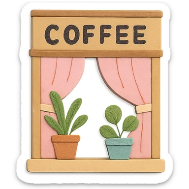 cute coffee shop window with potted plants and pastel curtains, hand-drawn style sticker
