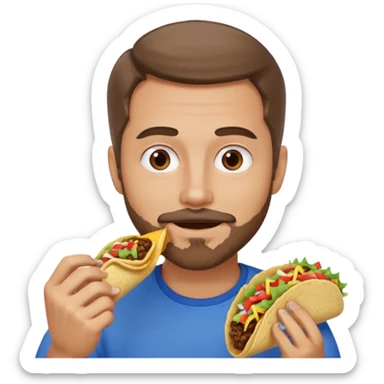 White man with brown hair, blue eyes and a gray goatee eating a taco sticker