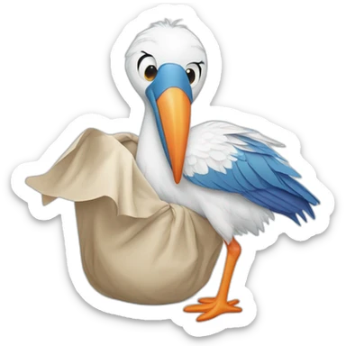White stork carrying a blue bundle of cloth in its big beak that has a cute human person cute baby boy inside and his head is peeking from the fabric the strok is carrying in its beak sticker