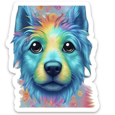Multicolored rainbow retro groovy tie dye hippie trippy floral patterns on a metallic holographic iridescent blue dog face head unicorn sticker