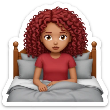 generate a pretty bratz brown skinned girl curly dark red hair, tired in bed in a grey tshirt bored. sticker