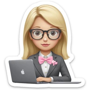 Please take the girl with laptop emoji and make her glassess light brown and her nose a bit smaller and pointier and she has blonde long hair and a dark grey suit and pearls, and has a laptop in fron of her and a tiny pink bow in her hair sticker