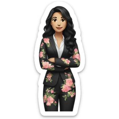 a turkish woman with long black wavy hair wearing a black suit and a floral blouse sticker