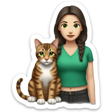 White skin girl with dark brown hair and a bengal cat with green eyes sticker