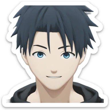 gojo satoru from jujutsu kaisen with white manga hair style, blue sky eyes and wear a black tight tshirt sticker