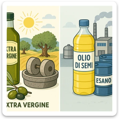 side-by-side illustration: left side with a green 'Extra Vergine' oil bottle, olives, stone olive mill, sunny fields; right side with a 'Olio di semi' bottle, factory, chemical barrels labeled 'Esano'; clear, educational, colorful style sticker