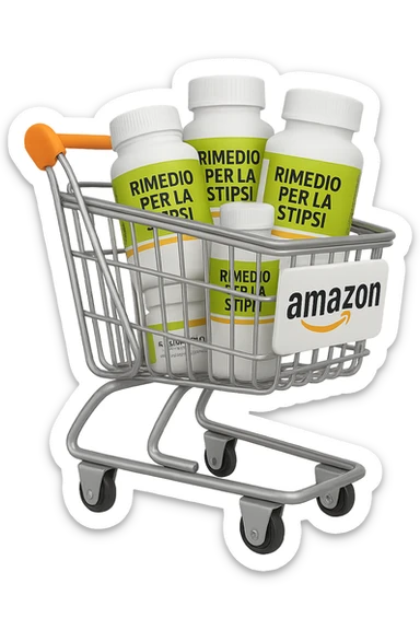 emoji stile iphone di un carrello per la spesa con l'icona di amazon stampata sopra, dentro al carretto ci sono varie boccette di integratori con la scritta "RIMEDIO PER LA STIPSI", iperrealistico 4k sticker