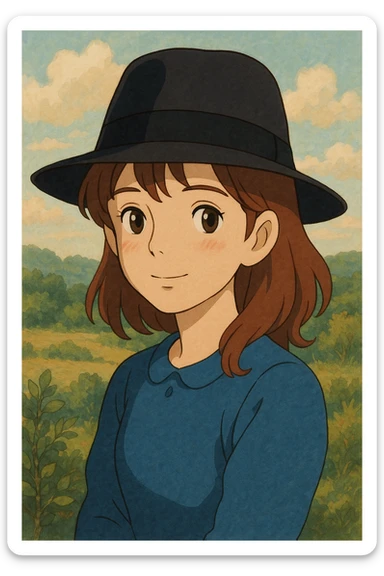 girl wearing a classic black fedora, gentle expression, soft colors, ghibli style sticker