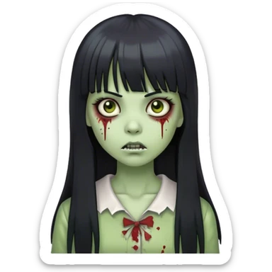 zombie girl with long straight black hair and bangs with light green skin  sticker