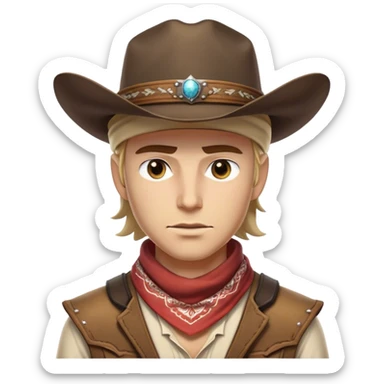 Clash of Clans aesthetic friendly Cowboy Portrait Emoji, With a rugged yet stylized build wearing a classic wide-brimmed hat and bandana, his face rendered in a natural skin tone (not yellow), determined eyes and a steely gaze, Simplified yet dynamic features, highly detailed, glowing with a warm, sunlit frontier radiance, high shine, brave and spirited, stylized with an air of Wild West heroism, focused and ready, soft glowing outline, capturing the essence of a fearless cowboy adventurer ready to ride into epic quests! sticker