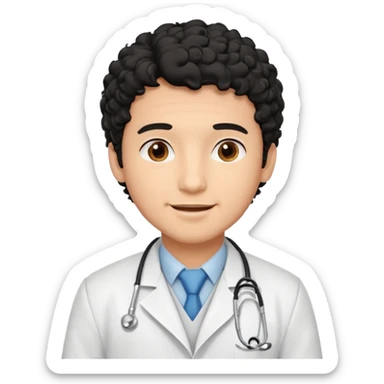 a young male doctor with black  curly hair and cheerful face sticker