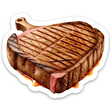 Cinematic thick-cut scotch t-bone steak, perfectly seared with grill marks, a grilled center, rich and savory, warm glow, sizzling and mouthwatering, highly detailed and appetizing. sticker