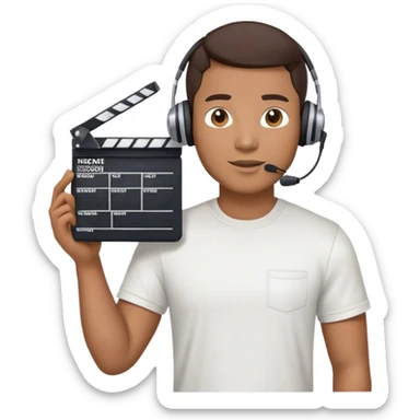 Asian male movie director wear headset, tsirts who holds a movie slate sticker
