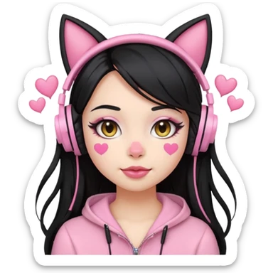 “Emoji girl, pastel pink streaks in thick long black hair hair, bold winged eyeliner, heavy blush on cheeks and nose bridge, under-eye hearts, glossy pink lips, playful smirk and gaming headphones and cat ears.” sticker