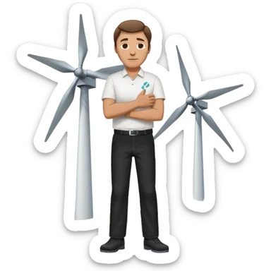 an older white man with brown hair and a white shirt and black pants hugging a wind turbine sticker