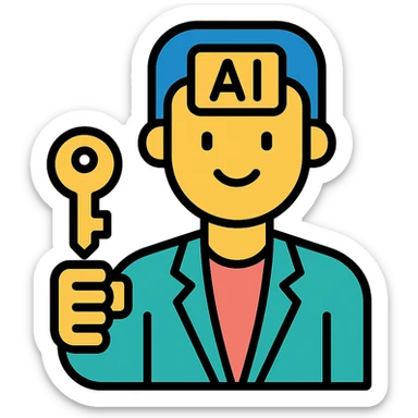 AI avatar for real estate, approachable, holding a house key, smart-casual outfit, clean background, vector style sticker