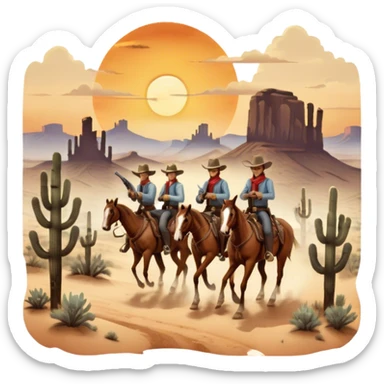 Icon for Western: A vintage movie poster-style design with cowboys on horseback, dusty desert landscape, and a setting sun. Include cowboy hats, revolvers, and an old saloon. The design should have bold typography and a retro cinematic feel. Transparent background. sticker