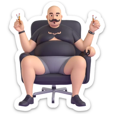 Big man relaxing in chair, legs spread wide, holding cigarette, round face, buzzcut, short beard and mustache, black t-shirt with light stripes at top, exposed belly, black shorts, arms covered in tattoos sticker