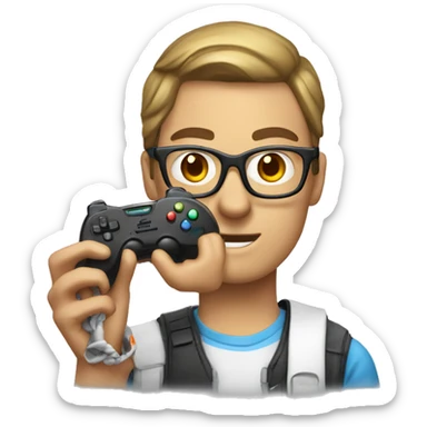 nerd guy in ponytail holding a video game controller sticker