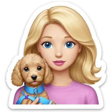 Long, straight, blonde hair, blue eyed woman, wearing soft pink lipstick, holding a wavy blonde, goldendoodle. sticker