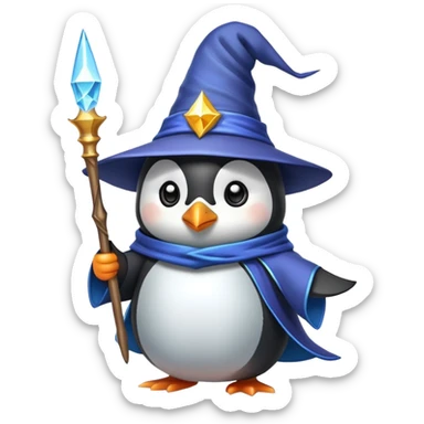 A cute penguin dressed as a wizard with a pointy hat and holding a magic wand sticker