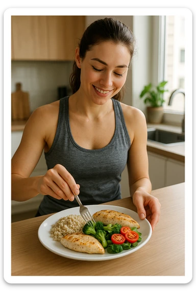 Donna che prepara un pasto equilibrato fit, con carboidrati, proteine e grassi dentro il piatto. Perfettamente equilibrato. Molto realistica sticker