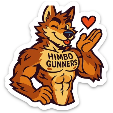 muscular wolf furry, shirtless, with 'Himbo Gunners' tattooed on his chest, blowing a kiss and winking, confident and fun, intricate fur and anatomy, ultra high quality sticker