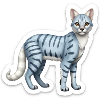 Albino white pastel Realistic patterned marked edgy bluish greyish blackish whitish silvery Shiny Colorful Dusky Dark Glossy Genet-Caracal-Lion-Bobcat-fusion-animal-hybrid-creature, full body, tufted ears, long thin tufted tail sticker