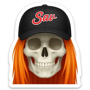 Create a skeleton head wearing a black baseball cap that says " Sav " in red, and white lettering, with long orange hair sticker