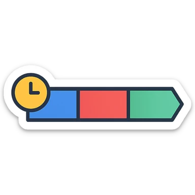 Create a small flat icon design inspired by the reference image. Represent a private equity transaction timeline as a simple, minimal icon with a horizontal bar chart consisting of three colored sections or blocks, each representing a phase. The icon should be clean, flat, and suitable for small size, with no text. sticker