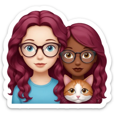 A cute fair skin girl with pale blue eyes, long wavy burgundy hair, with her cute African american female friend who has nice brown eyes and cat eye glasses, best friends forever. 8k, detailed, colorful, cutesy style sticker