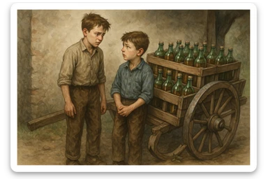 Bir g'ildiragi singan ichimliklar ortilgan arava uning yonida aka uka bir biriga havotirli nigoh bilan qarab turibdi  sticker