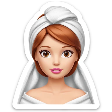 A Barbie face with shoulder-length reddish brown hair, makeup with cream on her face and a towel on her head sticker