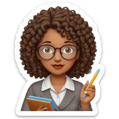 woman teacher, brown skin, curly hair, old, wearing glasses, hold chalk on hand sticker