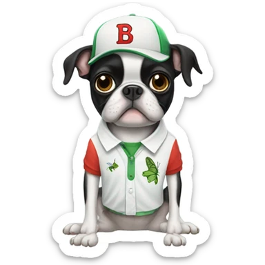 Boston terrier with a shirt that has a cricket on it sticker
