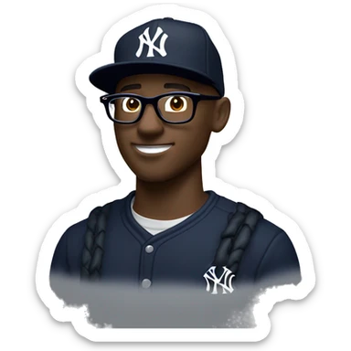 A black male with glasses and put on a jumper and New York Yankees MLB Authentic Collection 59FIFTY Cap for Unisex Adults sticker