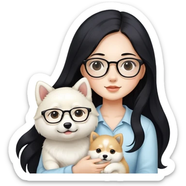 A beautiful girl with long black hair and glasses holding a long-haired white Shiba Inu puppy sticker