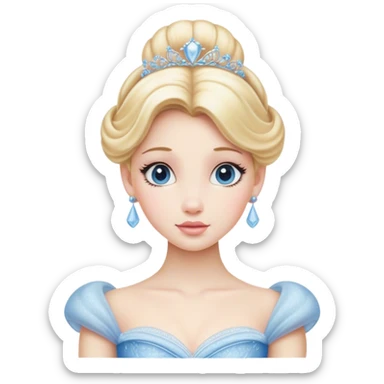 Cinematic Realistic Cinderella Portrait, depicted with lifelike porcelain skin, elegantly styled blonde hair, and a serene, graceful expression. Dressed in her classic ball gown with intricately detailed fabric textures and delicate pastel hues that catch soft, natural lighting, this portrait captures the timeless beauty of a fairy tale princess. sticker