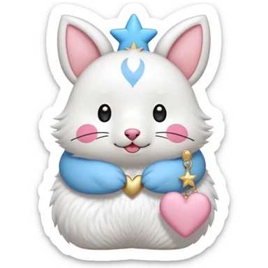 GENERATE ME A MOMONGA WHITE ANIMAL  FROM CHIIKAWA AND PUT A SAKURA FLOWER ON HIS HEAD AND A STAR PELT ON HIS BELLY AND A HEART PURSE ON HIS ARM WITH HIS FACE MAKE HIS TOUNGE STICK OUT WITH A LITTLEPINCH OFDROOL AND MAKE HIM ANIME STYLED ART GIVE HIM A BIG BLUE FLUFFY TAIL sticker