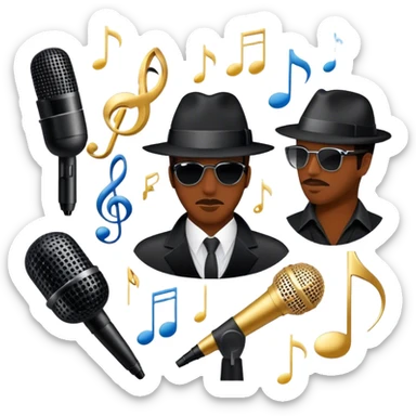Icon for R&B Music: collage of famous R&B artists, represented by silhouettes or symbols like a fedora, microphone, sparkly glove, and music notes. The image should convey the energy and soul of R&B music. Transparent background. sticker